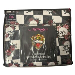 Ed Hardy Black White Rose Skull Queen Brushed Sheet Set-includes 4 pillowcases